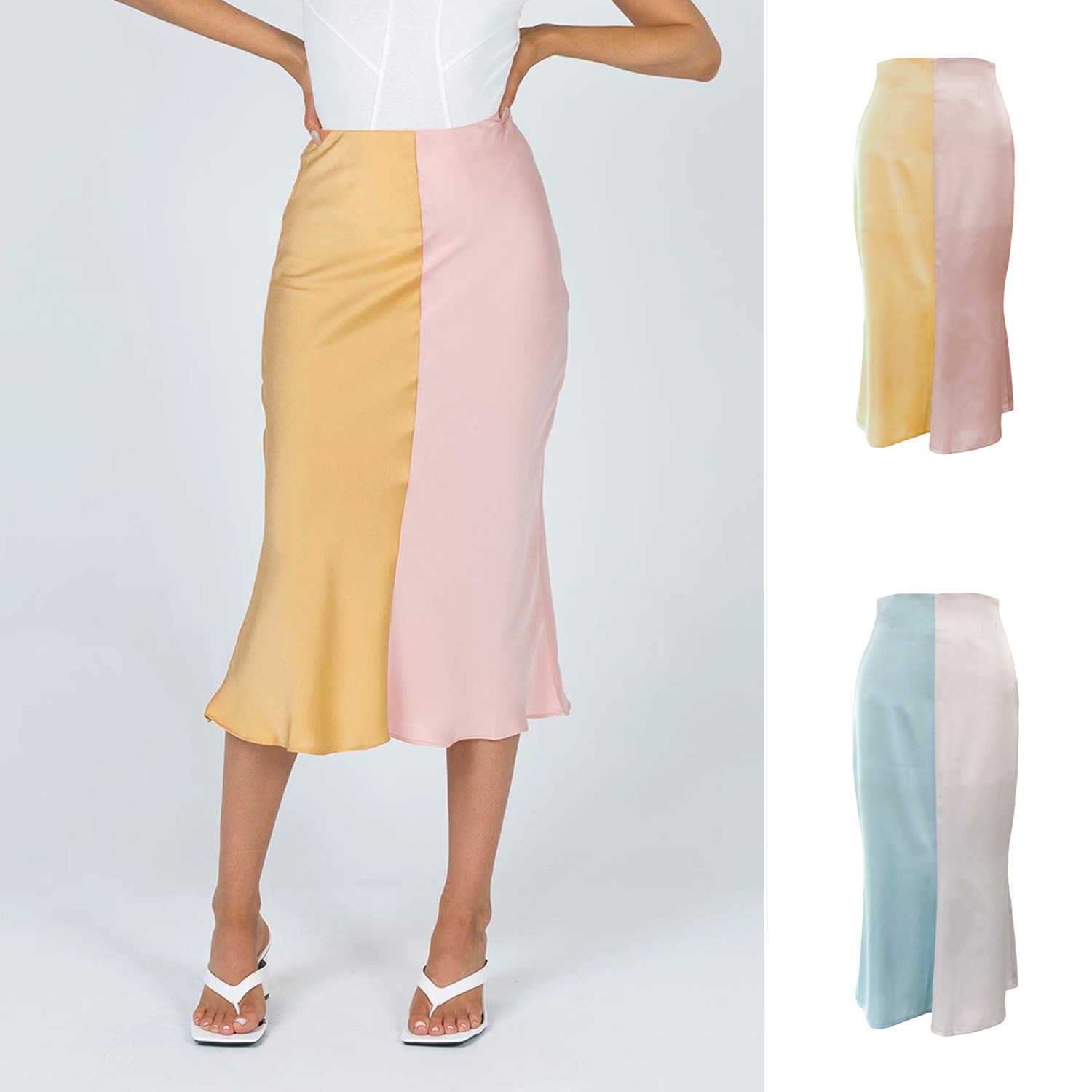 Women Two-tone Color Long Skirt Spring Summer WoMens Fashion Skirt High Waist Zipper Satin Color Matching Dress Length Adult Skirts 241023