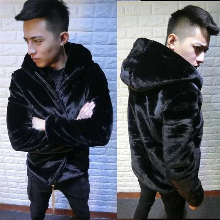 Winter Mens Faux Fur Short Hooded Faux Mink Plush Coat ThickenedXJ241102