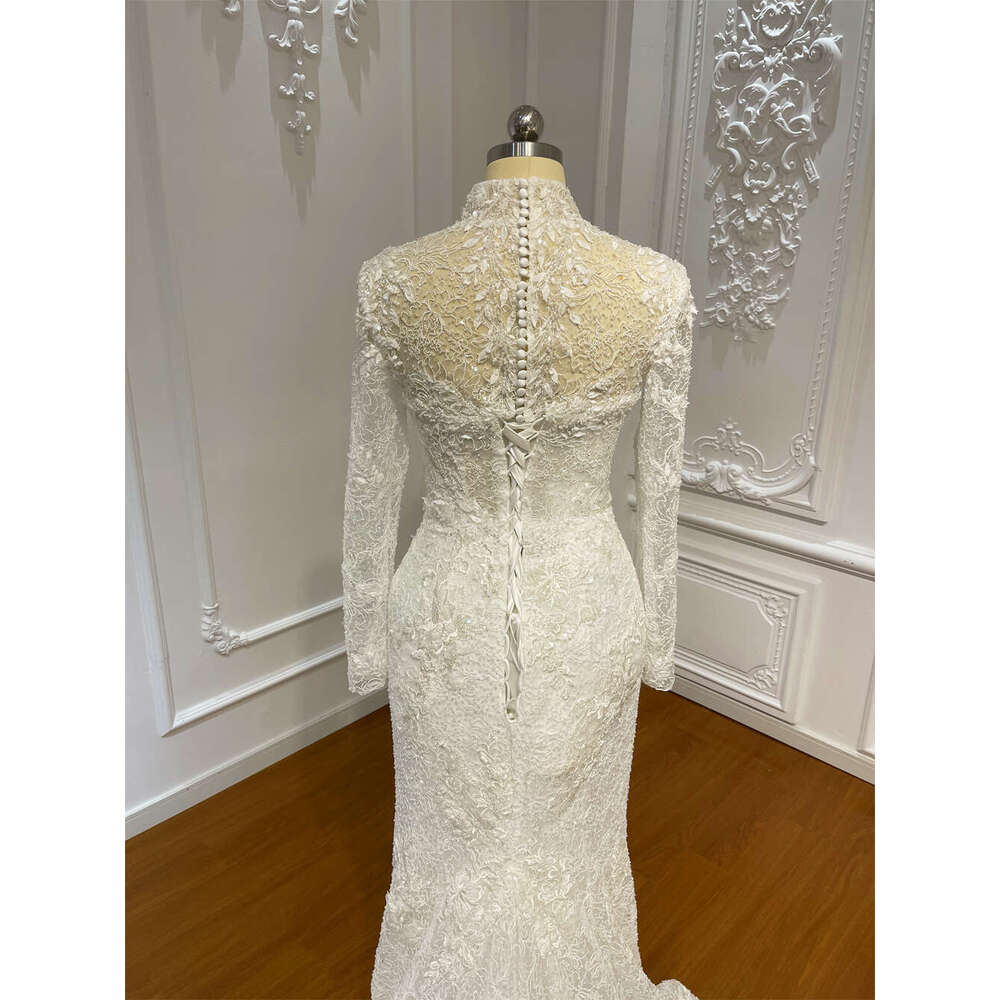 Customized High Neck Long Sleeve Soft Lace Mermaid Wedding Dress