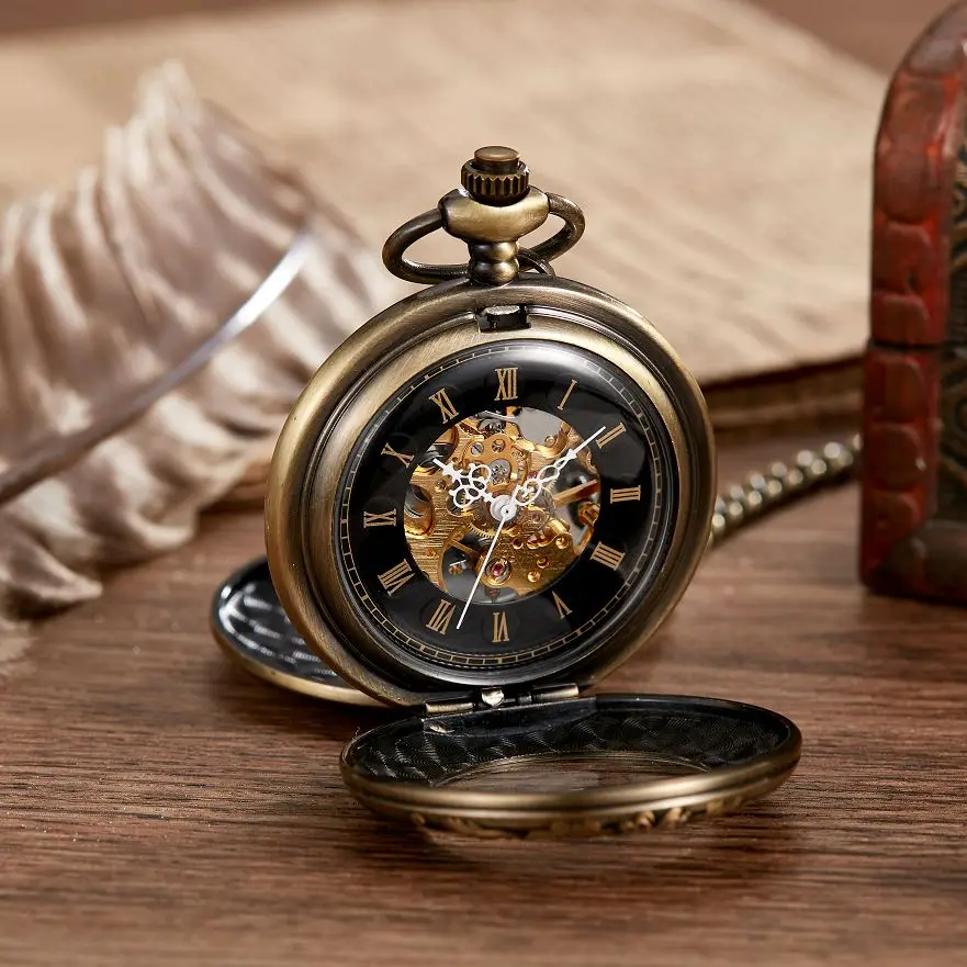New 2 new Sides Open Gift Carving Mechanical 2025 Pocket Watch Men Women Fob Hand Wind Double Hunter Roman Numerals