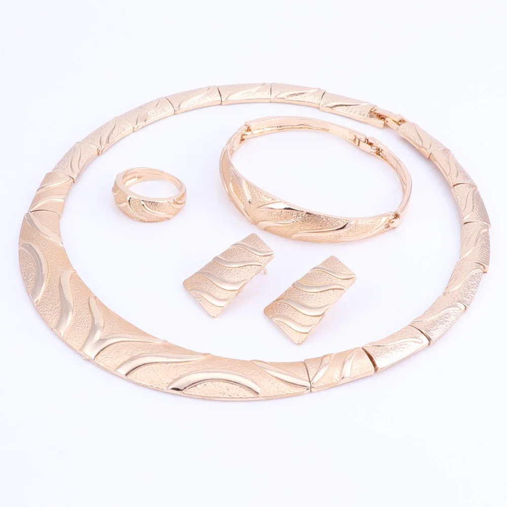 Gold Color Jewelry new Set Simple Elegant Bridal Wedding 2025 Earring Necklace Bracelet Ring For Women African Statement Anniversary Gift