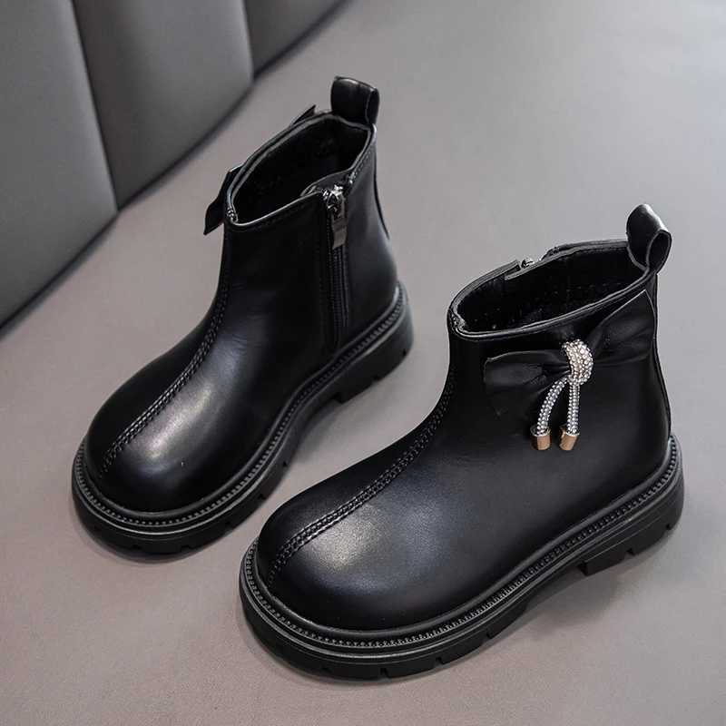 Girls ankle boots black Pu leather bow round toe fashionable childrens autumn boots fashionable bow round toe childrens shoes M241102