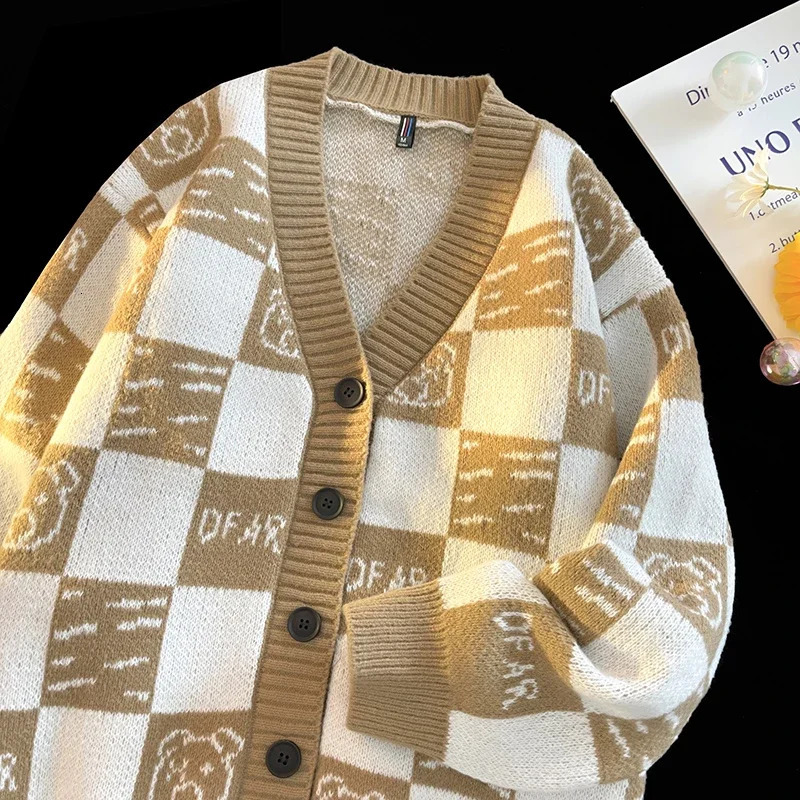 Autumn Winter Highquality Wool Cardigan Men Fashionable Loose Vneck Versatile Comfortable Breathable Warm Checkered Jacket 241024