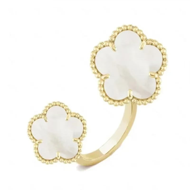 Fashionable Couple Open Ring Luxury Mother Shell Double Flower Clover Ring High Quality 18k Gold Ring for Women Designer Jewelry