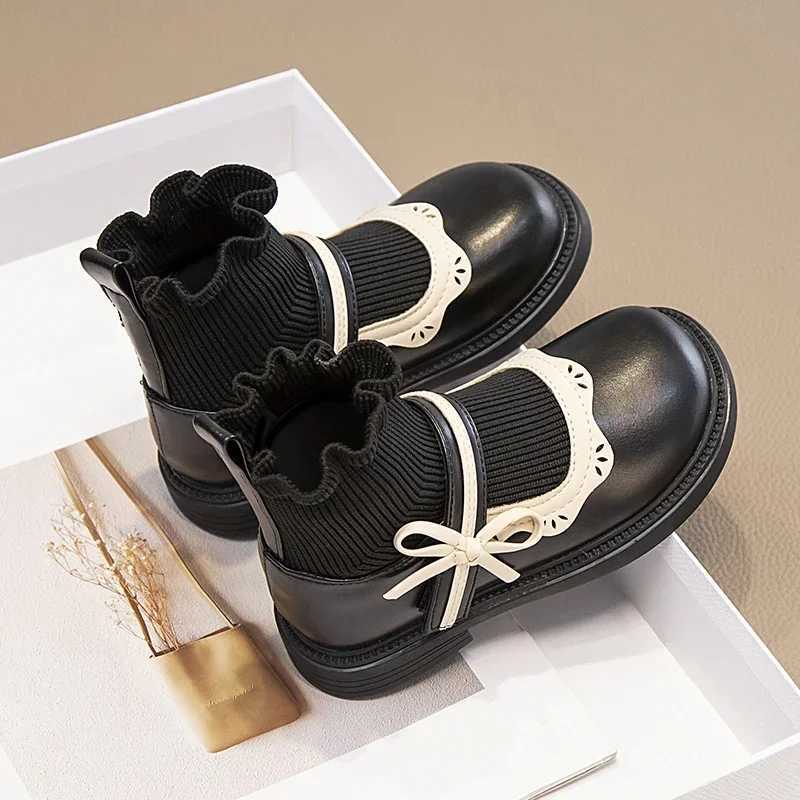 Childrens socks boots girls hook and loop color matching lace fashion childrens leather shoes anti slip sweet princess boots new M241102
