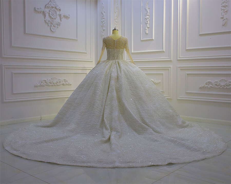 Deep V-neck Long Sleeve Sequin Lace Ball Gown Wedding Dress