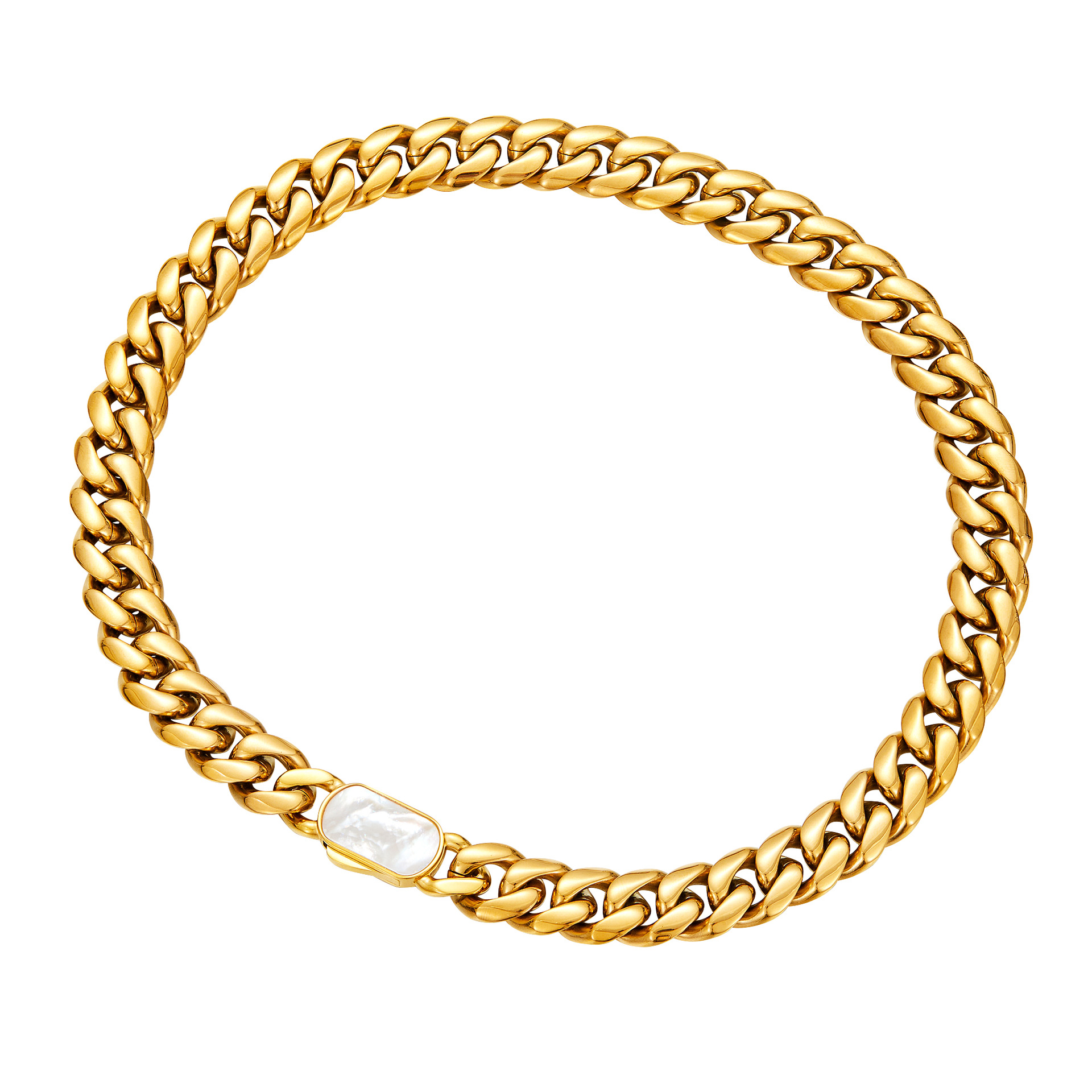 Stainless Steel Miami Cuban Chain Necklace Bracelet Shell Clasp 18K Gold Plated