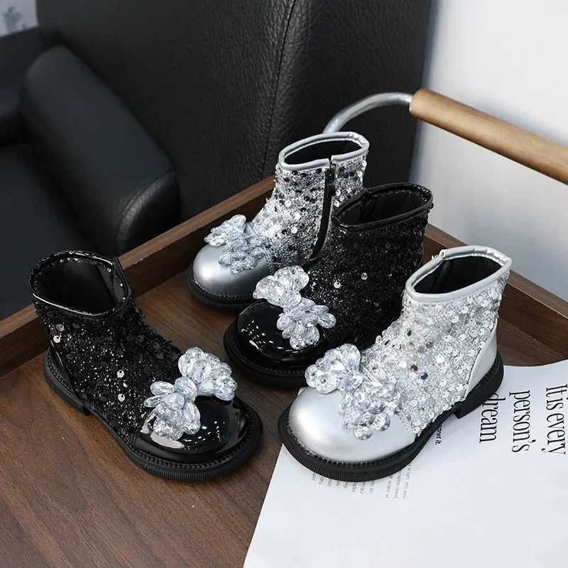 Luxury girls ankle boots with sequins elegant childrens leather boots fashionable spring and autumn childrens short princess boots new version M241102