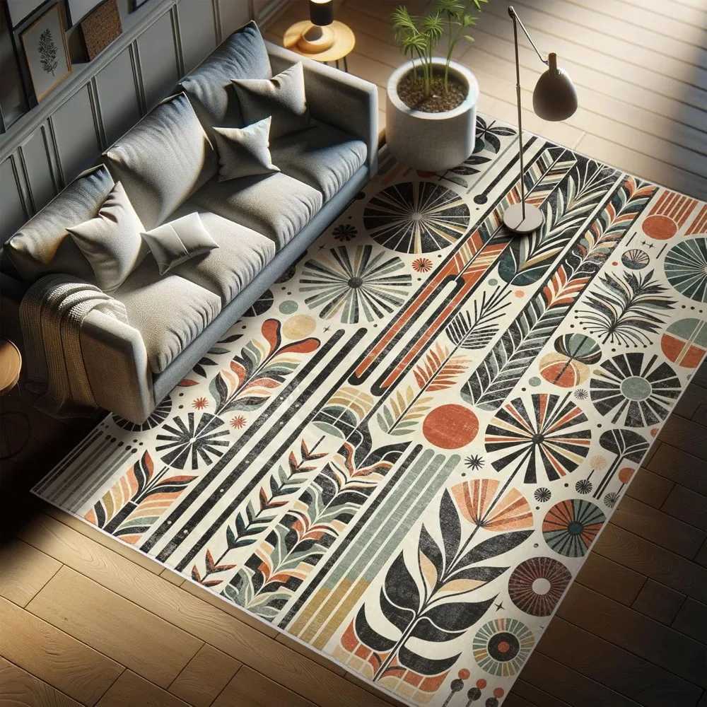 Retro Mid Century Inspired Abstract Patterns on Ivory Background Quality Carpet for BedroomXJ241101