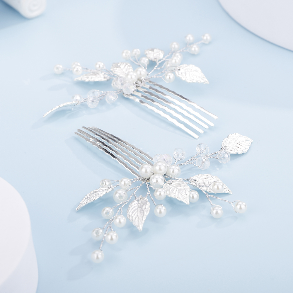 3PCS Gold Hair Comb for Wedding Pearl Crystal Leaf Bridal Head Piece Handmade Vintage Hair Accessories Jewelry Chic Party Tiaras