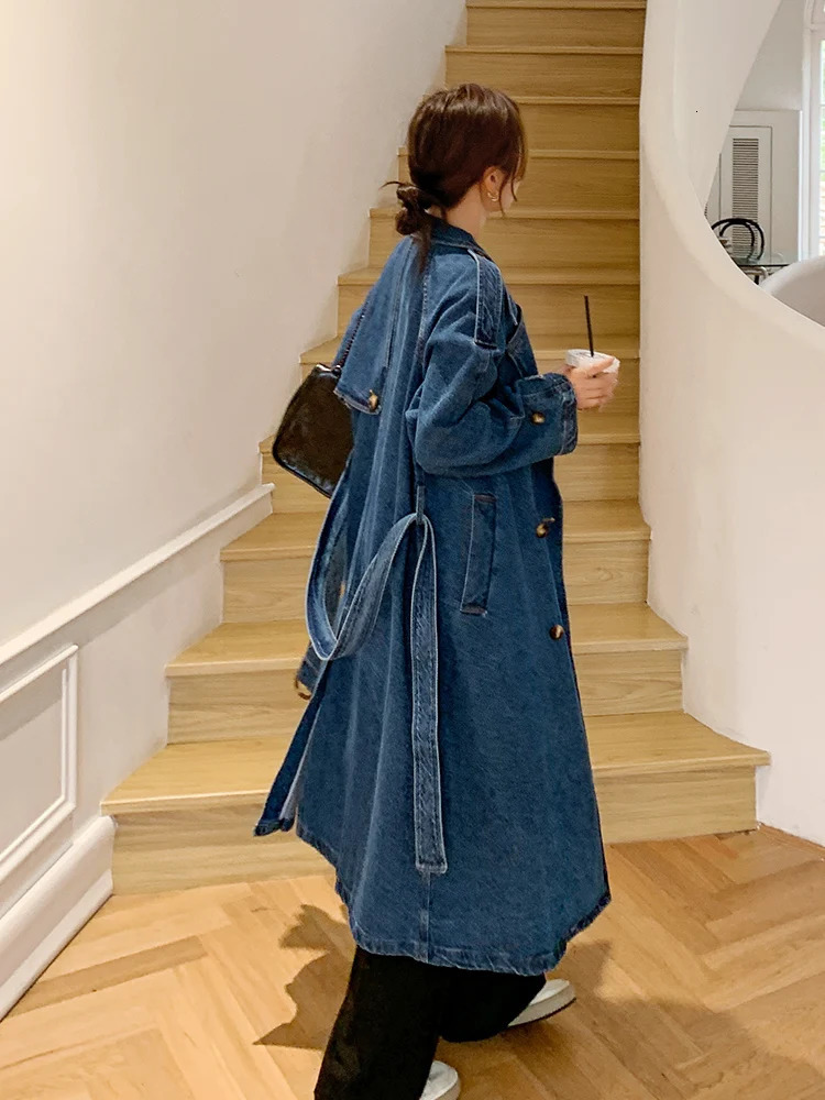 Vintage Blue Denim Windproof Jacket Autumn Double Chest Strap Loose Casual Elegant British Womens Long Trench Coat 8185 241031