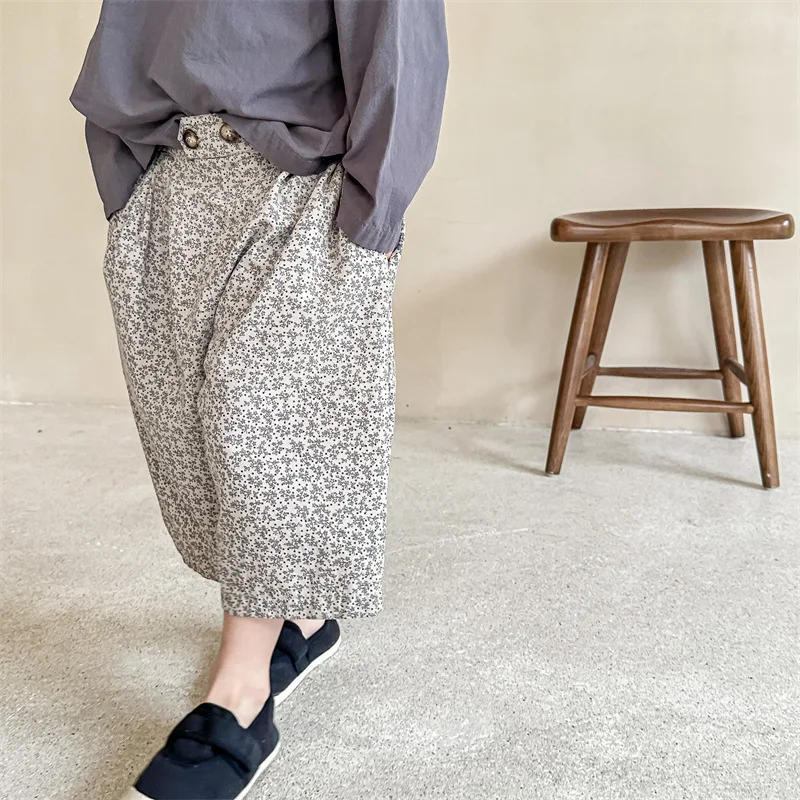 4845B Children's Pant new 2025 2023 Spring Summer New Korean Girl's 9-point Pants Floral Casual Pants Boy's Pant Trousers
