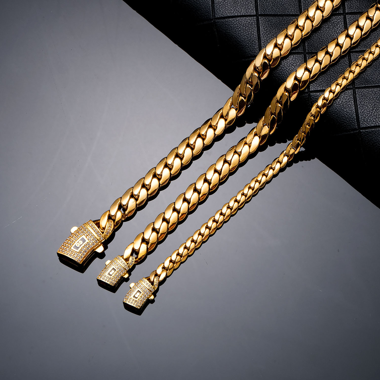 Solid Stainless Steel Miami Cuban Chain Necklace Bracelet Curve Clasp Jewelry