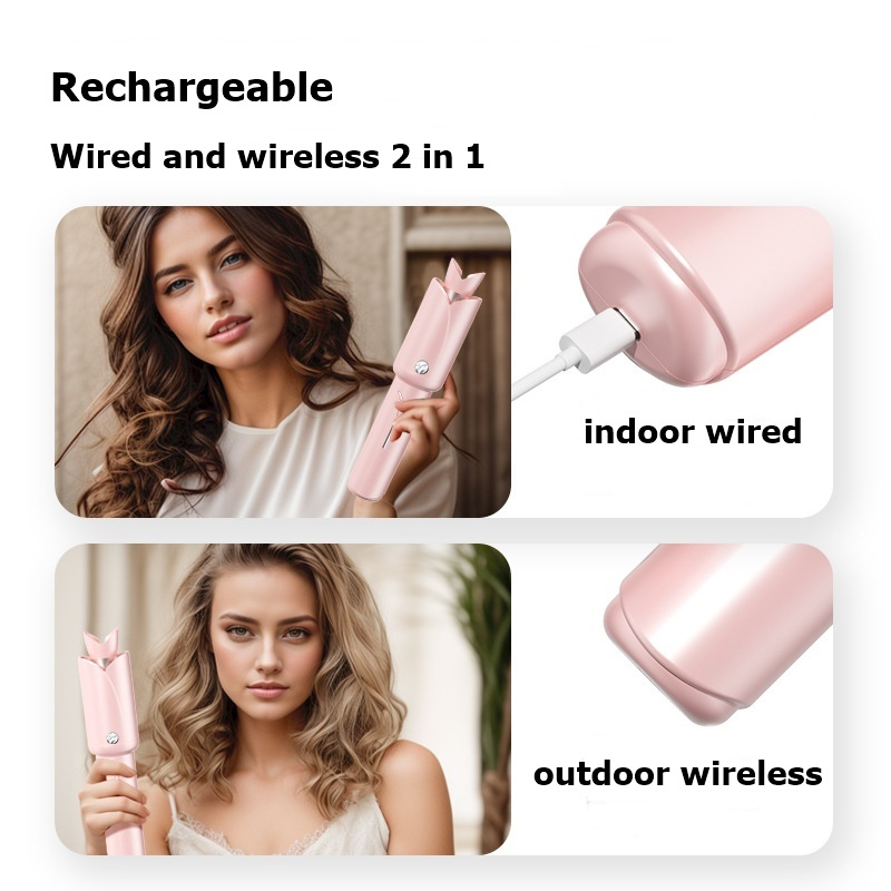 Cordless Automatic Iron 32mm Rotating Curling Wand Anti-scald Tangle-free For Easy Curls, Travel Hair Curler Portable, Rechargeabl Pink Purple Rizador
