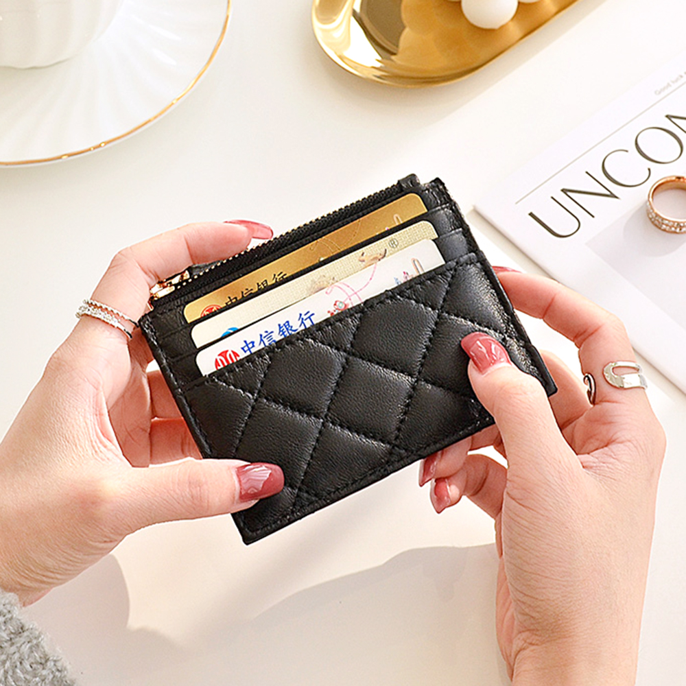 100% Genuine Leather Zip Card Holder Custom Initials Mini Sheepskin Diamond Quilted Wallet Luxury Engrave Letter Slim Coin Purse