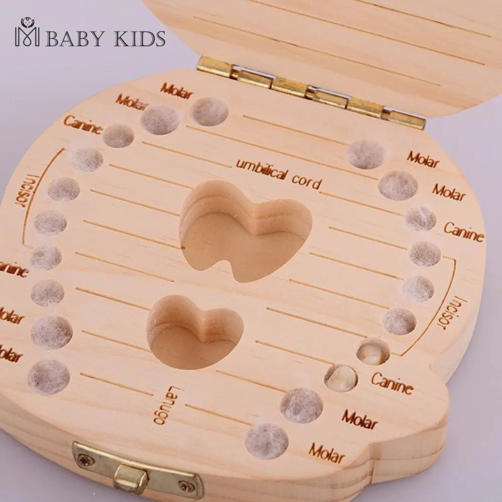 Baby Wood Tooth Box Organizer Milk Teeth Storage Language 2025 Spain English Collect Teeth Umbilica Save Gifts Baby new Tooth Box