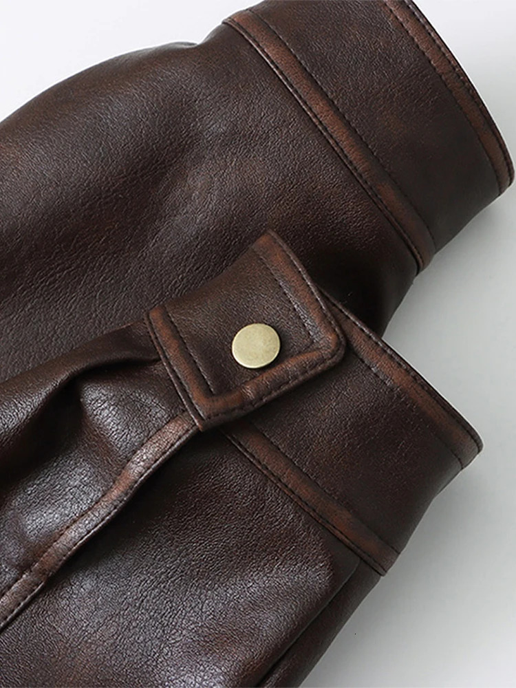 Retro womens PU leather jacket with oversized collar long sleeved zipper womens solid jacket autumn womens jacket 241031