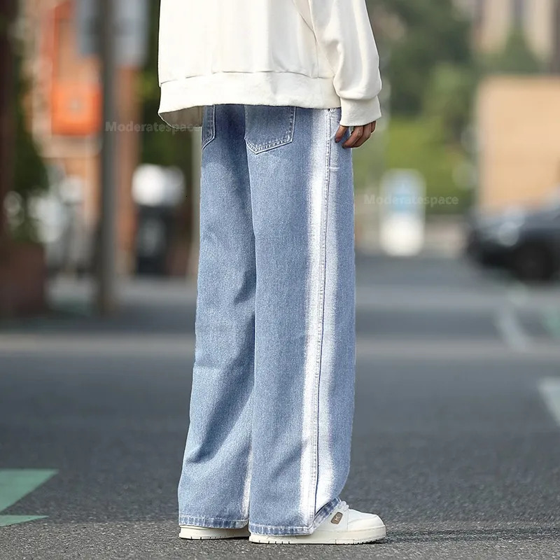 Mens Baggy Straight Jeans Fashion Striped Tie Dye Stretch Waist Drawstring Casual Vintage Denim Trousers Male Streetwear 241024