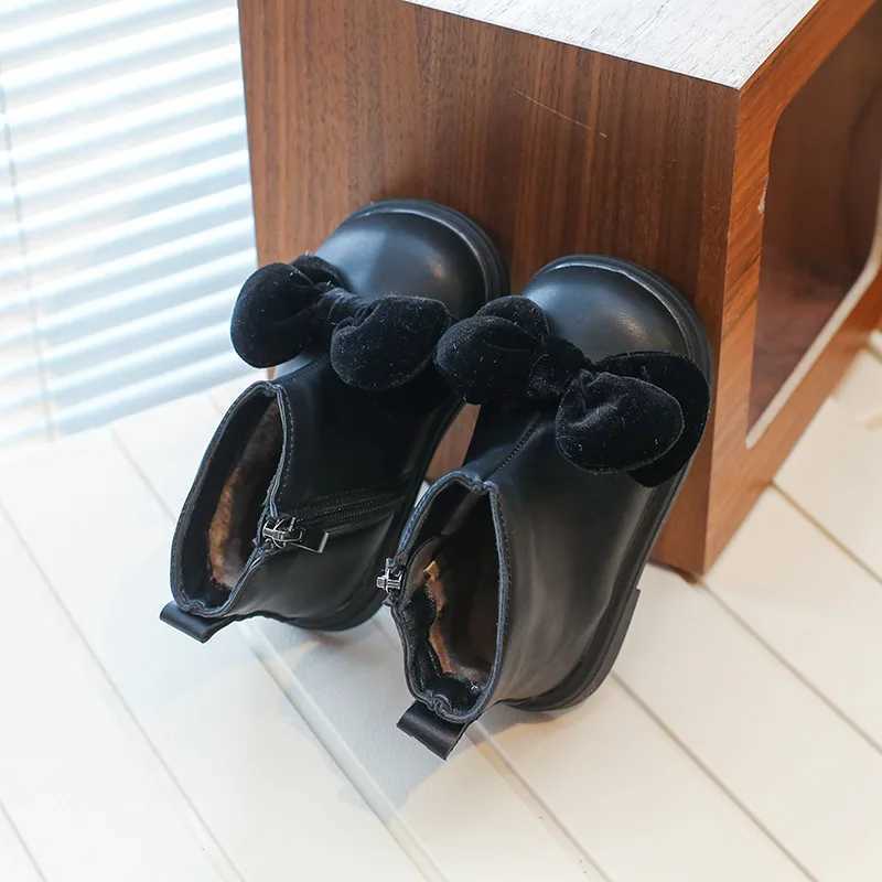 Cute Bow Baby Fashion Boots Winter Plush Warm Soft Sole Childrens Ankle Shoes PU Zipper Anti slip Childrens Shoes M241102
