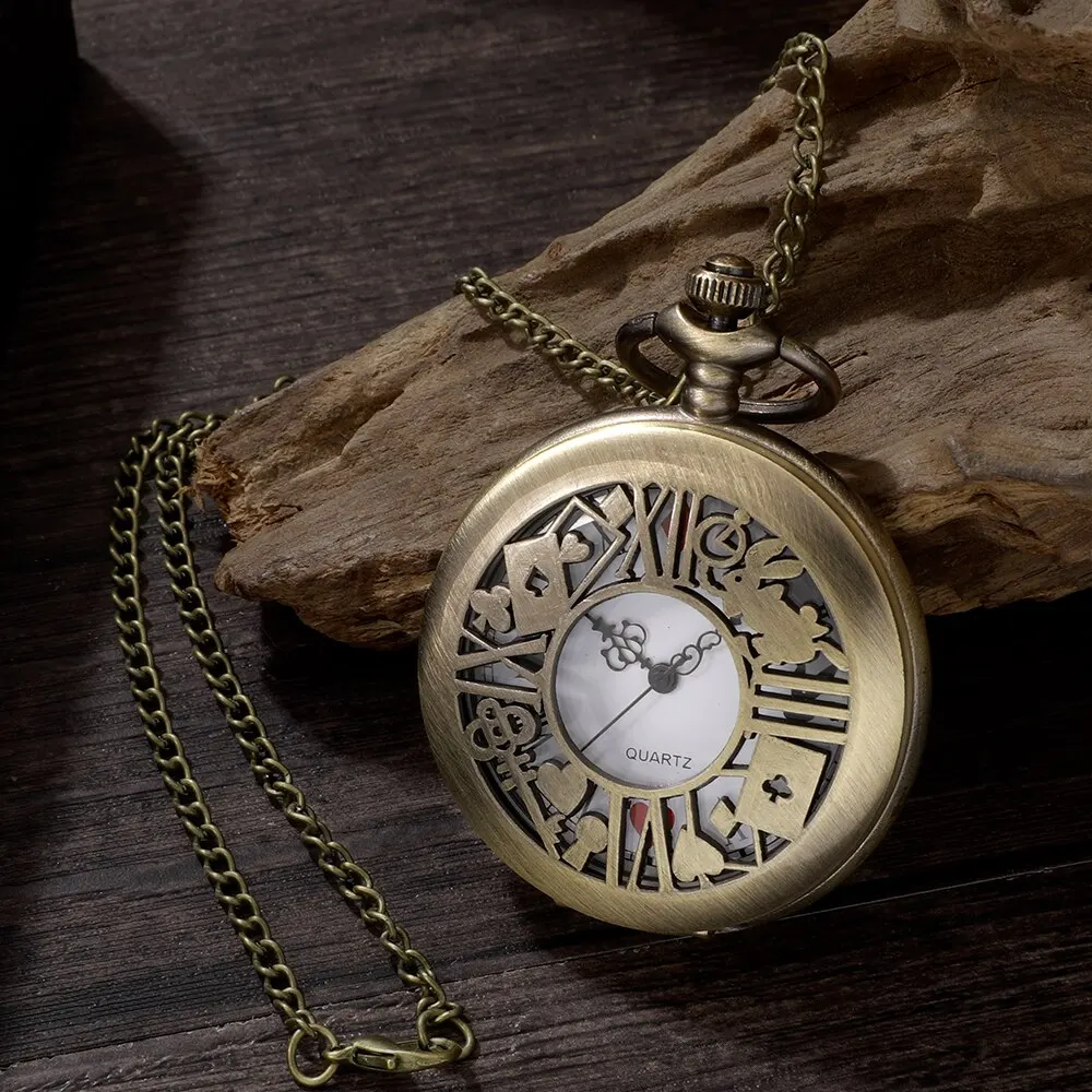 New Bronze Quartz Pocket Watch new Retro Alice Theme Pocket 2025 Fob Watch Pendant Necklace Pocket Watch Men Womens Gift