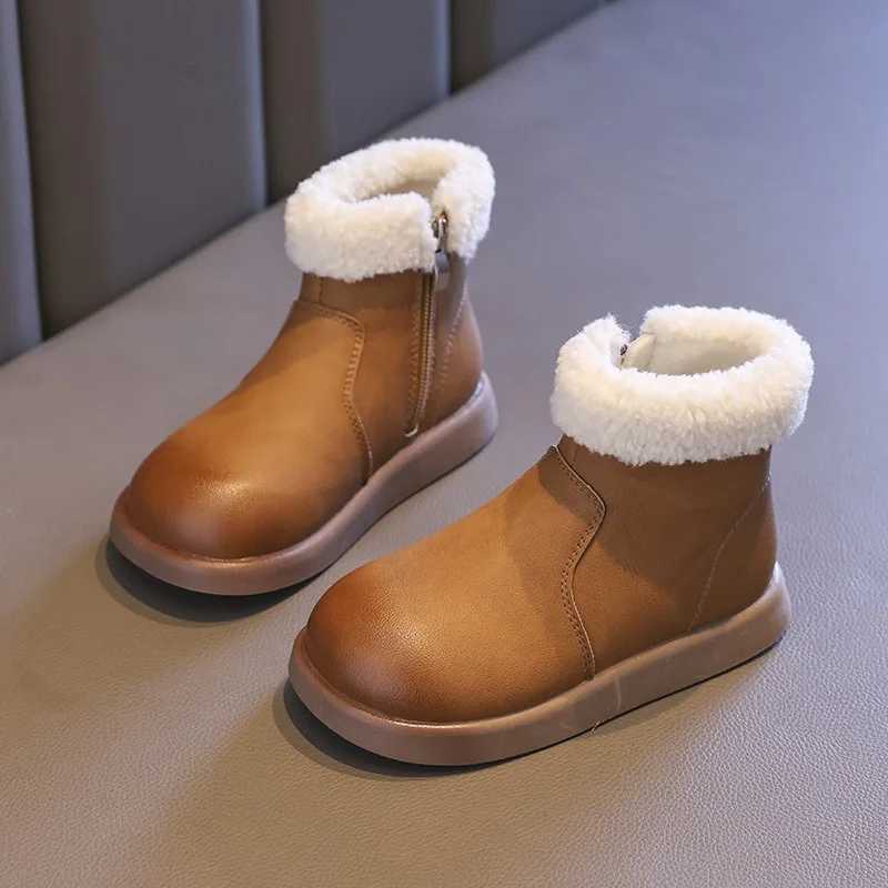 Girls winter boots soft and simple childrens snow boots solid color leather cover childrens warm cotton boots fashionable classic version zipper M2411