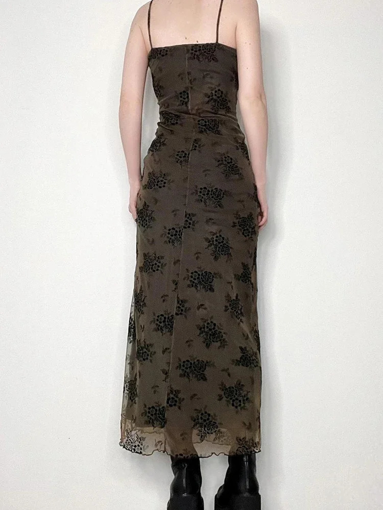 Y2K Retro Fashion Strap Printing Summer Maxi Dress Women Fairycore Grunge Chic Party Long Mesh Dresses Gothic Clothes 240319