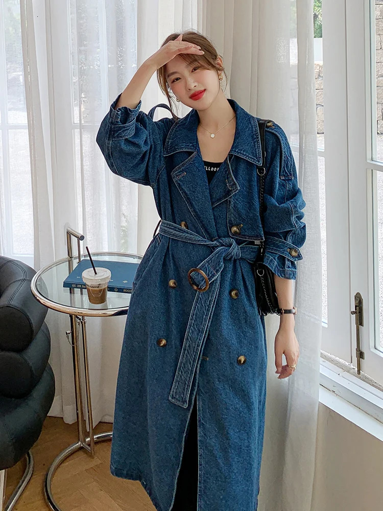 Vintage Blue Denim Windproof Jacket Autumn Double Chest Strap Loose Casual Elegant British Womens Long Trench Coat 8185 241031