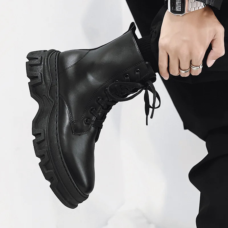 Mens leather fashion boots waterproof lace short ankle boots mens outdoor platform high top motorcycle boots 241031