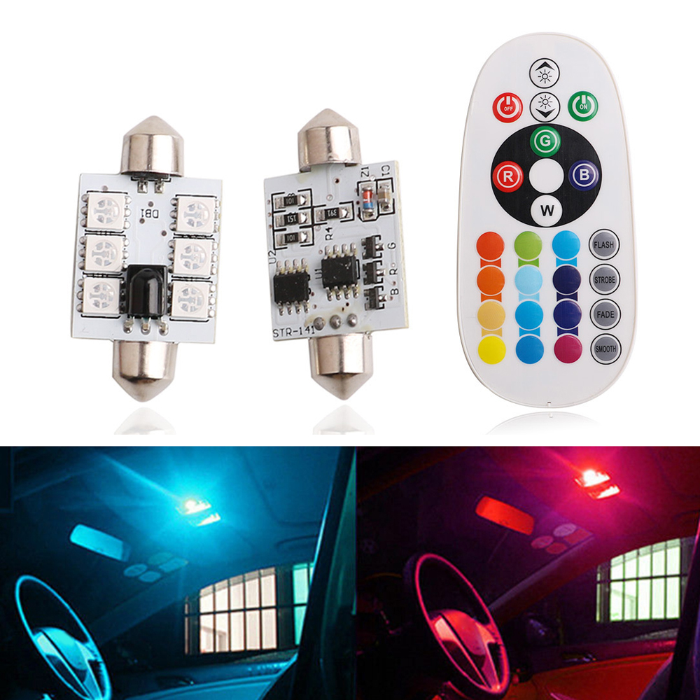 2pcs Car Interior RGBW LED Dome Reading Light RGB 41MM C5W Remote 16Colors Light Bulbs Map Dome Lamp 12V Car Lights Accessories