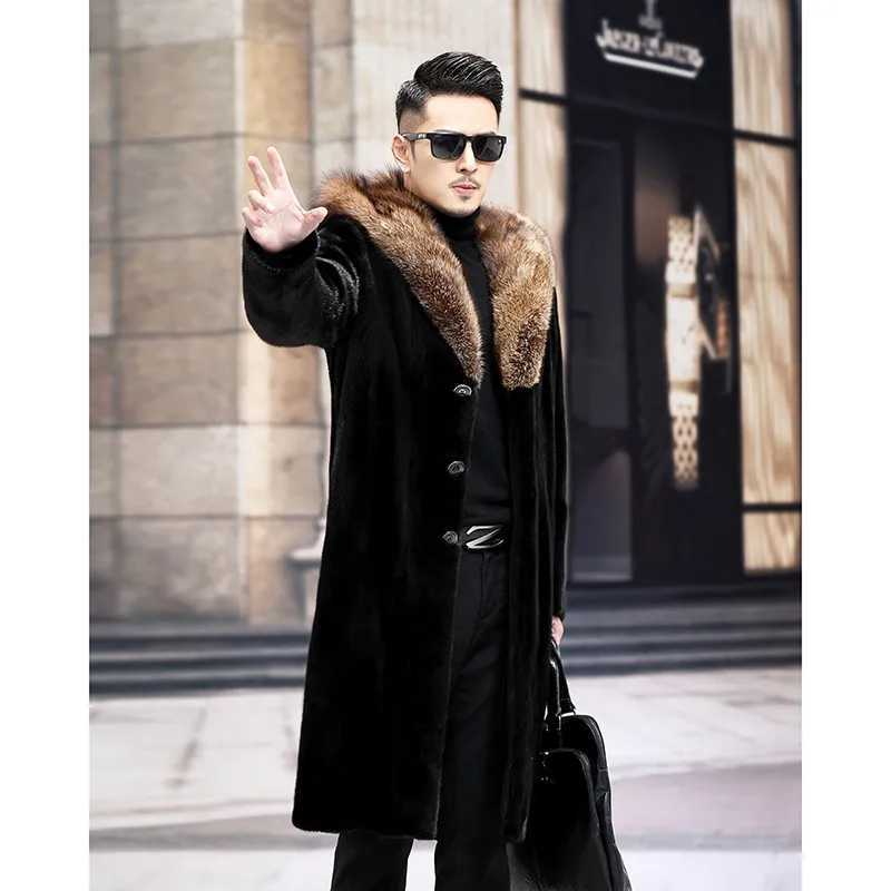 Mens long fur coat Winter warm mink coat fox fur collar hooded jacketXJ241102