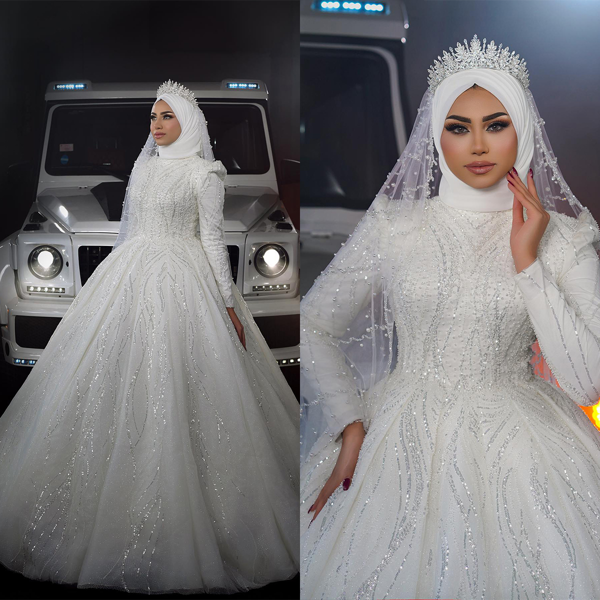 Muslim Sequins Wedding Dress High Neck Bridal Ball Gowns Custom Made Pearl Long Sleeve Shiny Vestido De Novia Arab Bride Gown