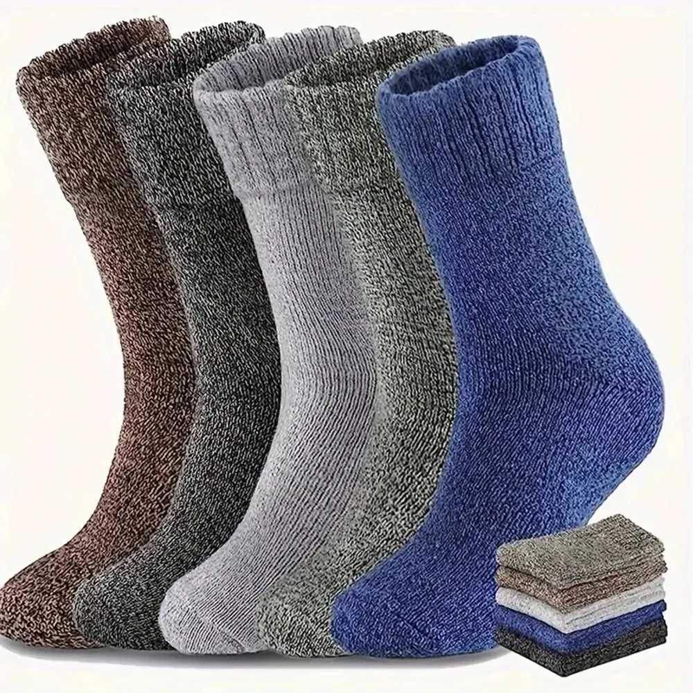 5 Pairs Mens Retro Solid Color Casual Wool Winter Warm Mid Length Sock Ultra Thick Harajuku Men Antifreeze Cashmere LX241102