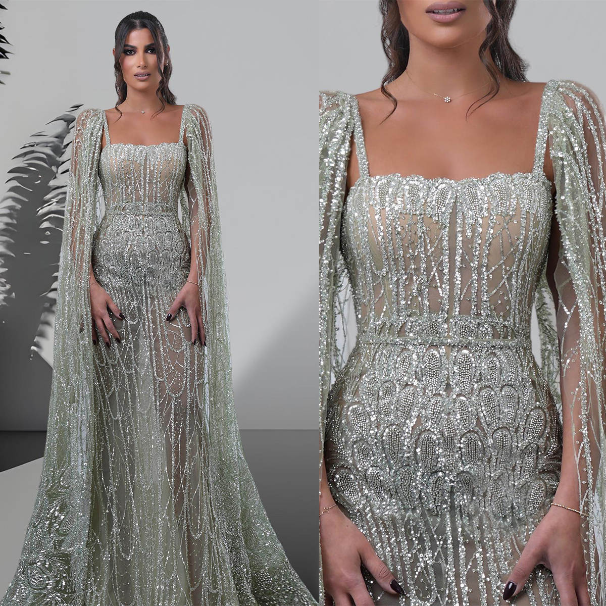 Customized Luxury A Line Bride Gowns Beaded Sequins Appliques Square Neck Wedding Dress Draped Sweep Train Bridal Dresses