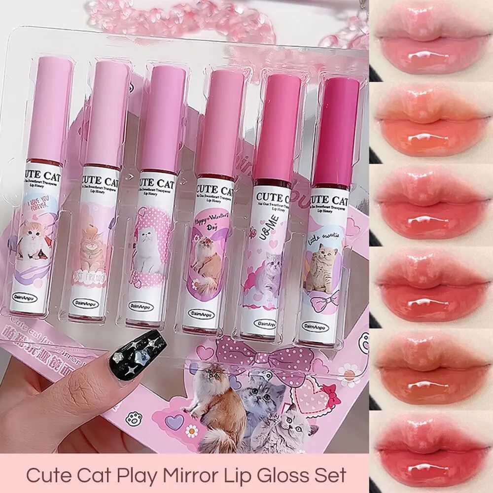 Cute Cat Funny Mirror lipstick Set 6 Color High Color lipstick Moisturizing Gloss lipstick Perfect Gift W241101