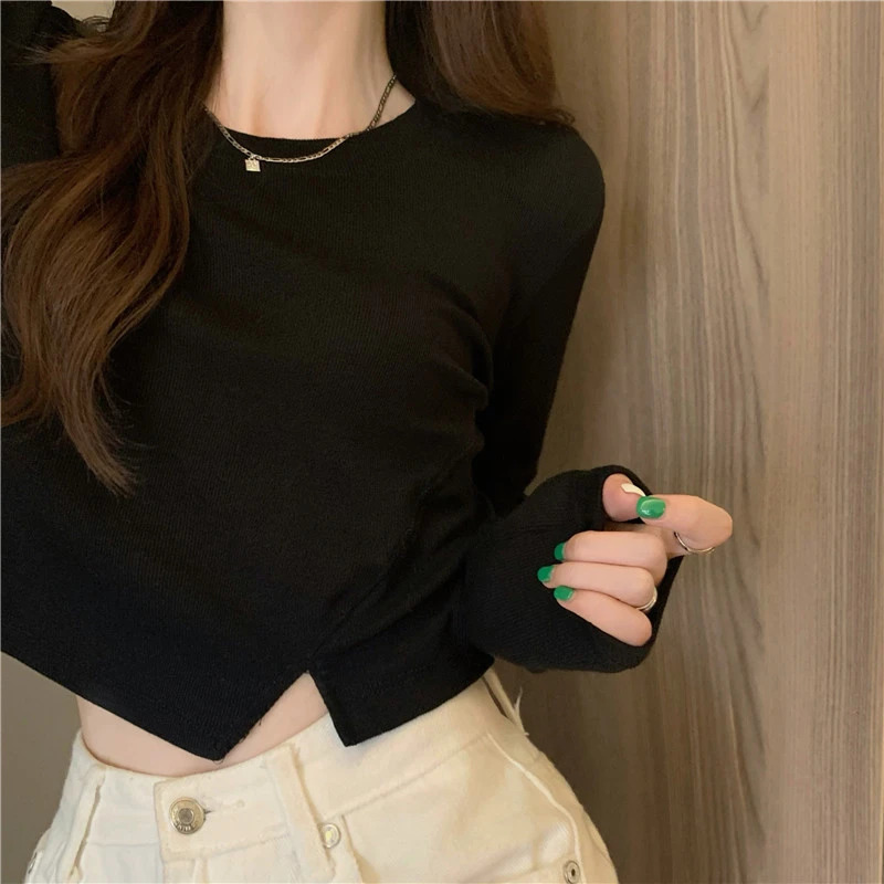 Spring Fashion Y2K T-shirt Woman Vintage Long Sleeve Tee Shirt Femme Basic Solid Crop Top Women Solid Sexy Clothes Tshirt 240315