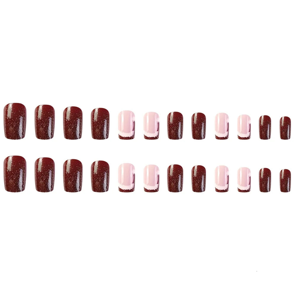 24 glossy square pressed nails red Christmas glitter fake nails French style reusable fake nails 241031
