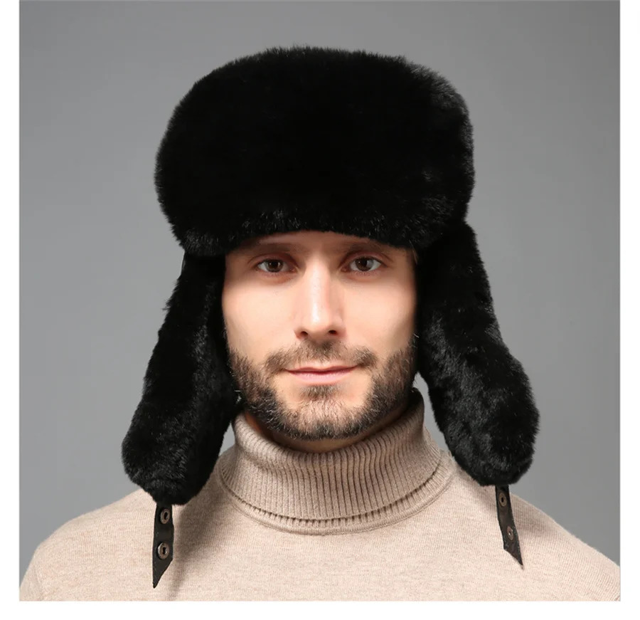 Bomber Hat Mens Thick Womens Warm Russian Ushanka Rex Rabbit Fur Hat Fashion Mens Winter Sheepskin Earrings Ski Hat 241031