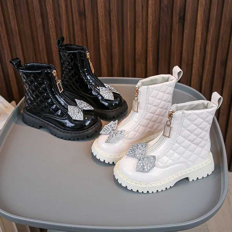 New fashionable checkered girls shiny bow ankle boots with childrens front zipper anti slip boots M241102