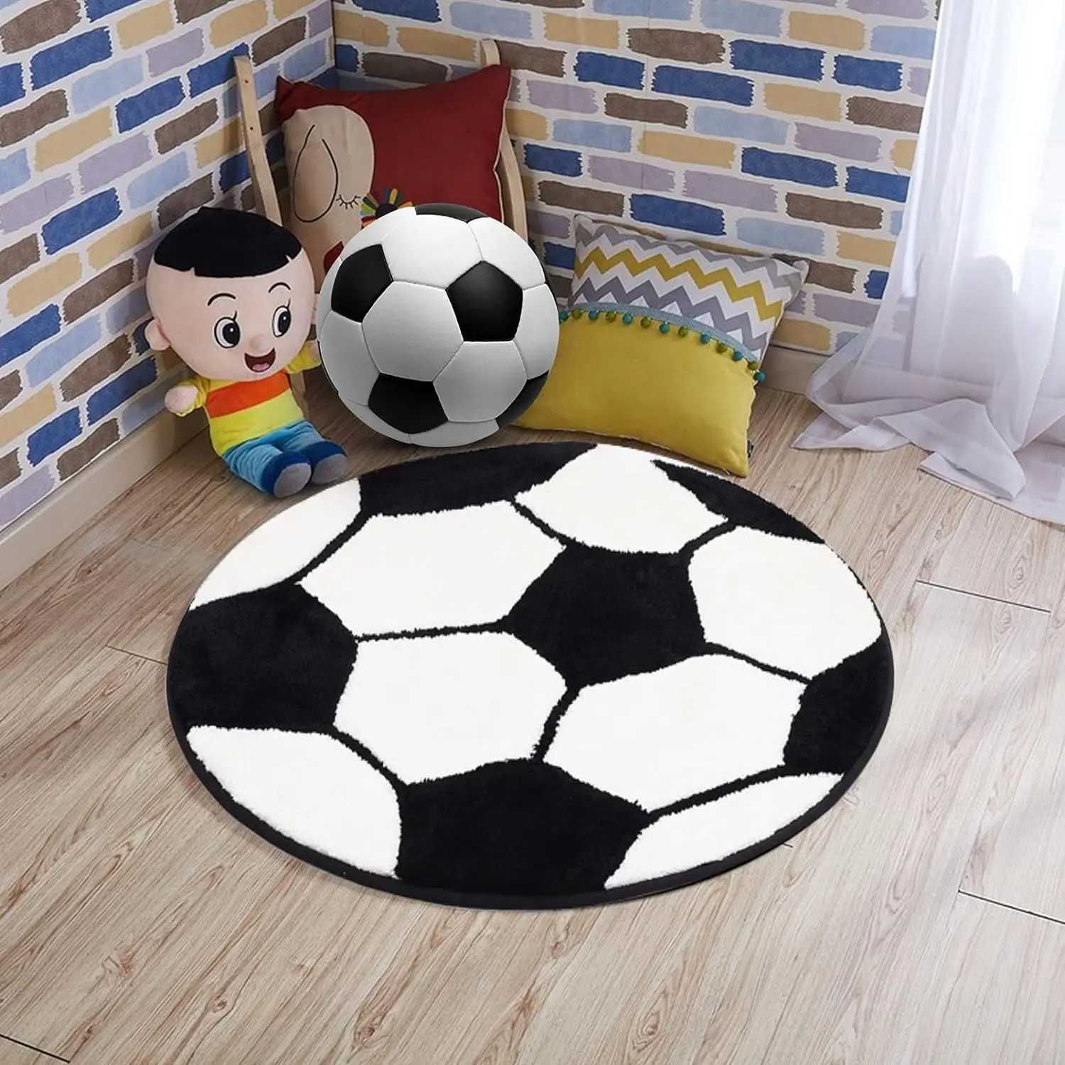 Soccer Rug Soft and Comfy Sports Themed Round Area Rugs Bedroom Living Room Carpet Soccer Themed Room for Kids BedroomXJ241101