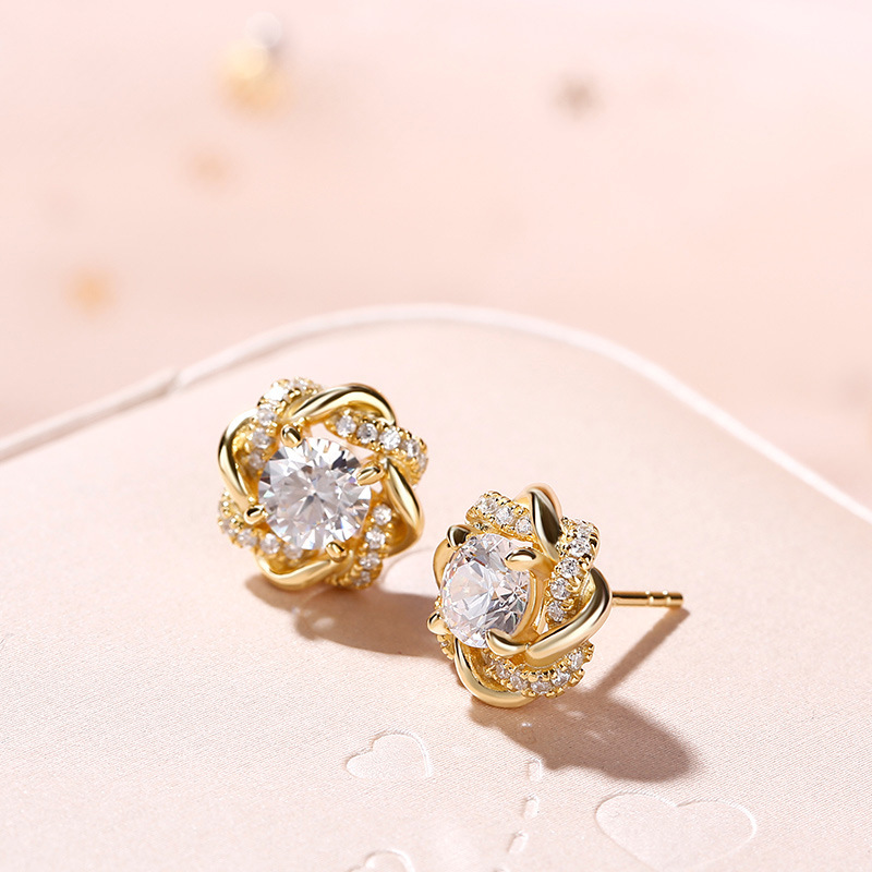 Vintage Crystal Flower 925 Sterling Silver Stud Women 18K Gold Diamond Stud Earrings Hollow Design Wedding Earrings Luxury Jewelry Exquisite Gift