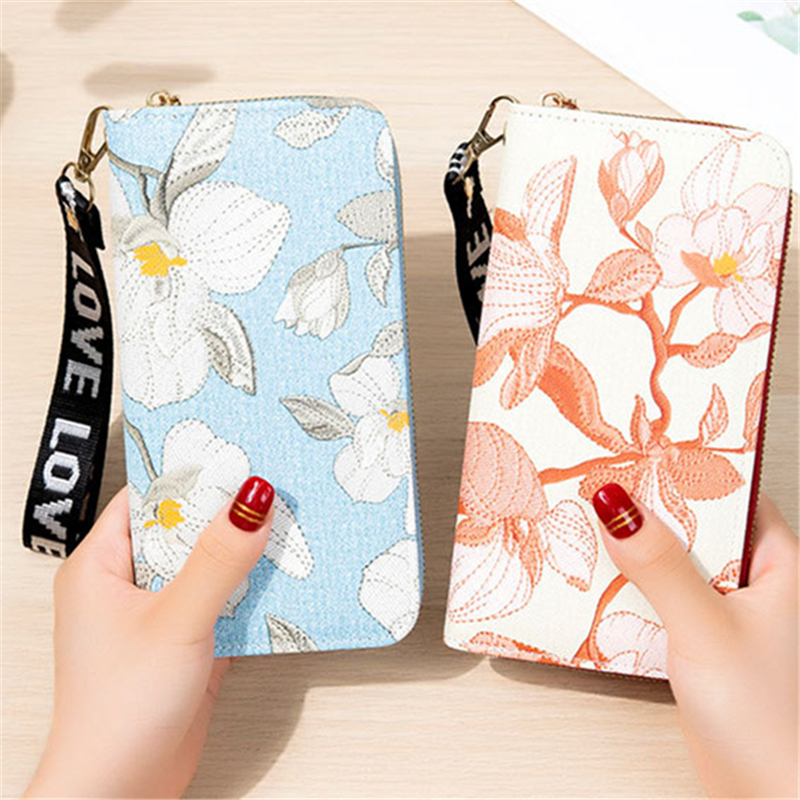 Double Zipper Long Wallet for Women Fashion Flower Embroidery Coin Purses Card Holder Female PU Leather Clutch Phone Money Bag