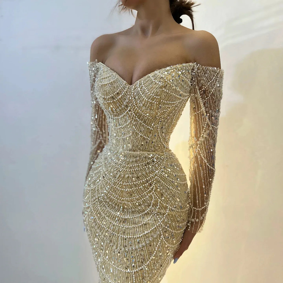 Elegant Mermaid Wedding Dresses Off Shoulder Beaded Sequins Bridal Gowns Slim Pearls Long Sleeve Custom Made Vestidos De Novia