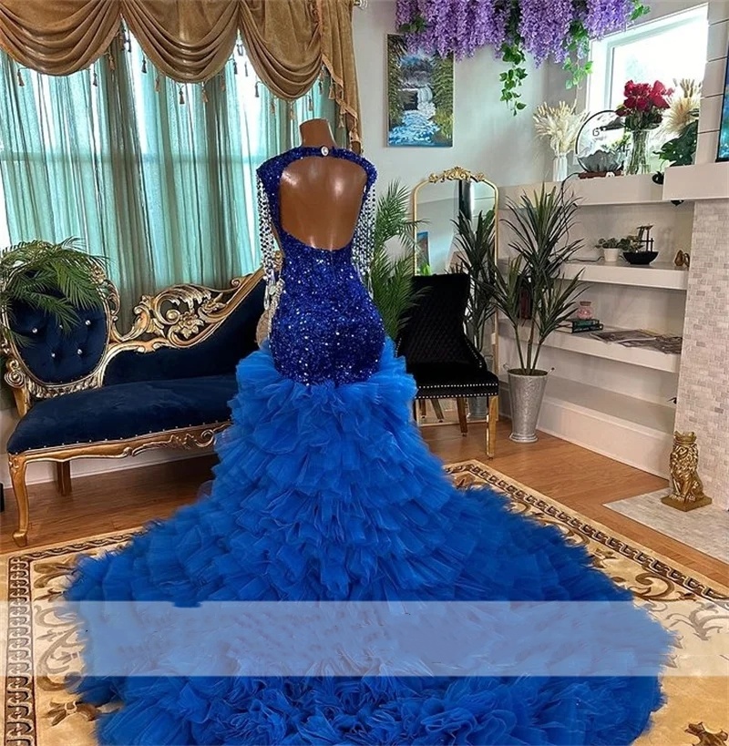 Gorgeous Diamonds Blue Prom Party Dresses For Black Girls Puffy Tiered Ruffle Sparkly Crystal Rhinestones Tassels Birthday Evening Gowns
