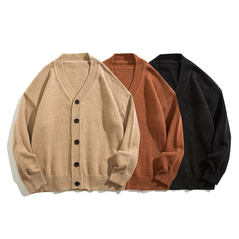 Autumn Winter Men Casual VNeck Cardigan Sweaters Solid Color Long Sleeve Outerwear Singlebreasted Male Loose Knitted Coats 241024