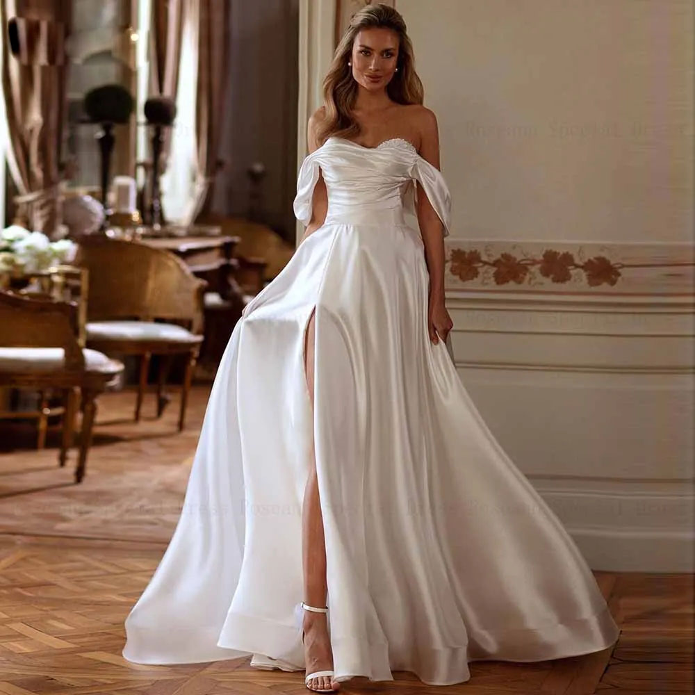 Modern Thigh High Slits Wedding Dresses Off the Shoulder Beaded Neck A Line Wedding Dress for Bride Ruched Satin robe de mariee
