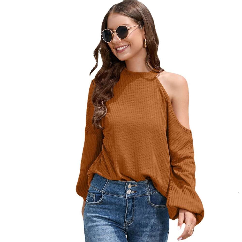 2023 Women's Spring and Autumn New Waffleglu Shoulder Long Sleeved Round Neck T-shirt Top for Women