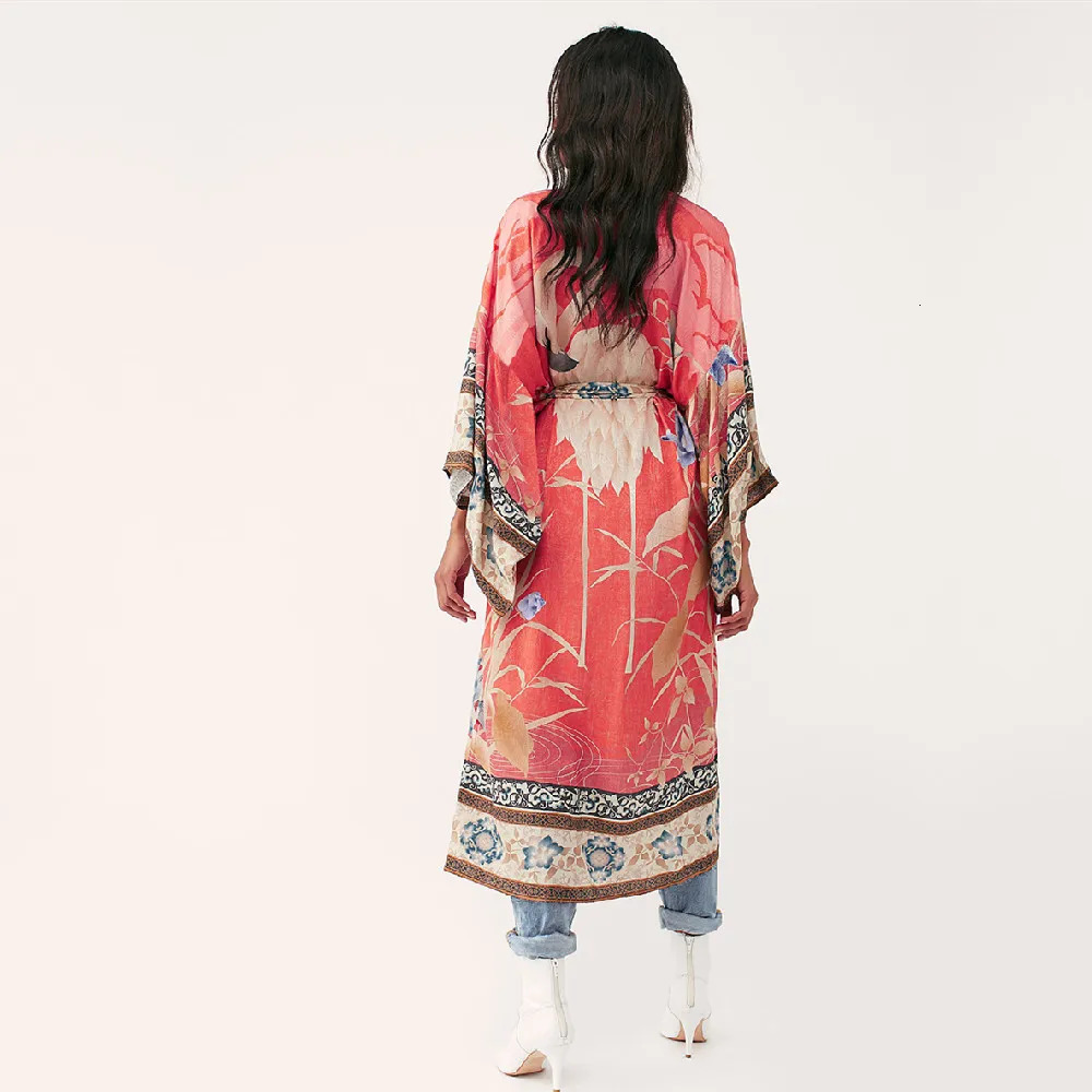 Floal Bikini Cover-ups Pink Boho Print Self Belted Front Open Long Kimono Dress Beach Tunic Women Swim Suit Cover Up 240315