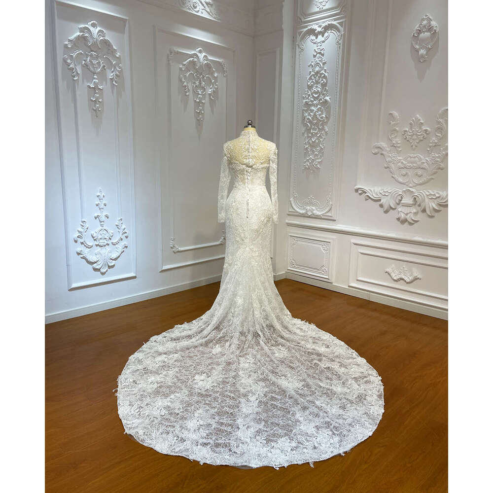 Customized High Neck Long Sleeve Soft Lace Mermaid Wedding Dress