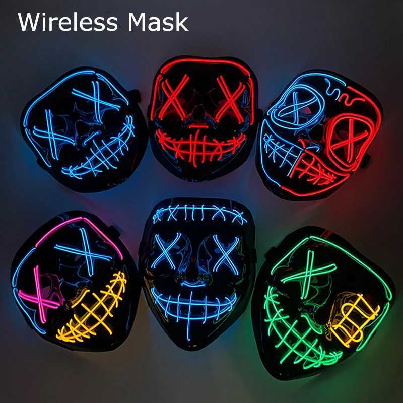 Wireless Neon LED Mask Halloween Horror Luminous Mask Used for Makeup Halloween Party Adult Children Mask Bar Decoration Horror Prop Y241104