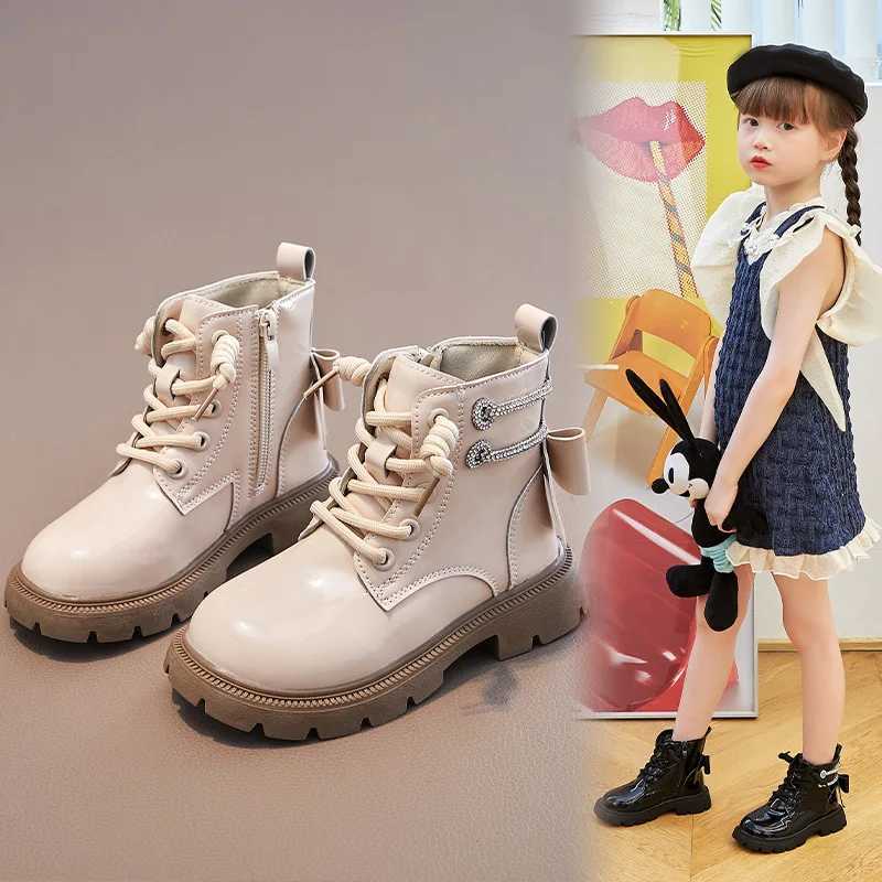 Four Seasons Childrens Girls Boots PU Leather Waterproof Plush Childrens Snow Boots Fashion Childrens Shoes Anti slip Shoes Rear Bow M241102